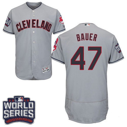 Men's Cleveland Indians #47 Trevor Bauer Gray Road 2016 World