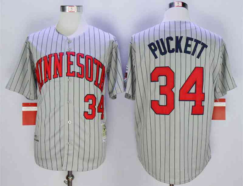 Men's Minnesota Twins #34 Kirby Puckett Grey 1987 Throwback Jersey on  sale,for Cheap,wholesale from China