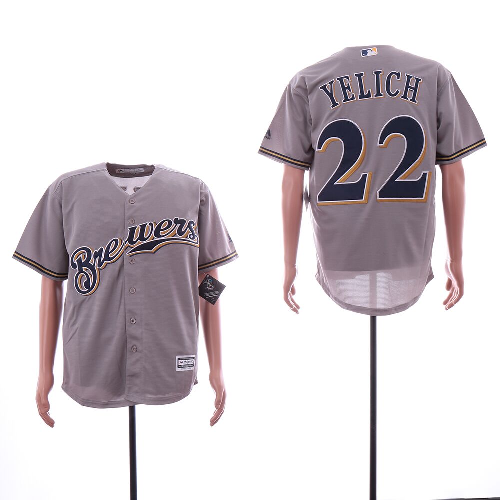 Men's Milwaukee Brewers 22 Christian Yelich Navy Cool Base Jersey on