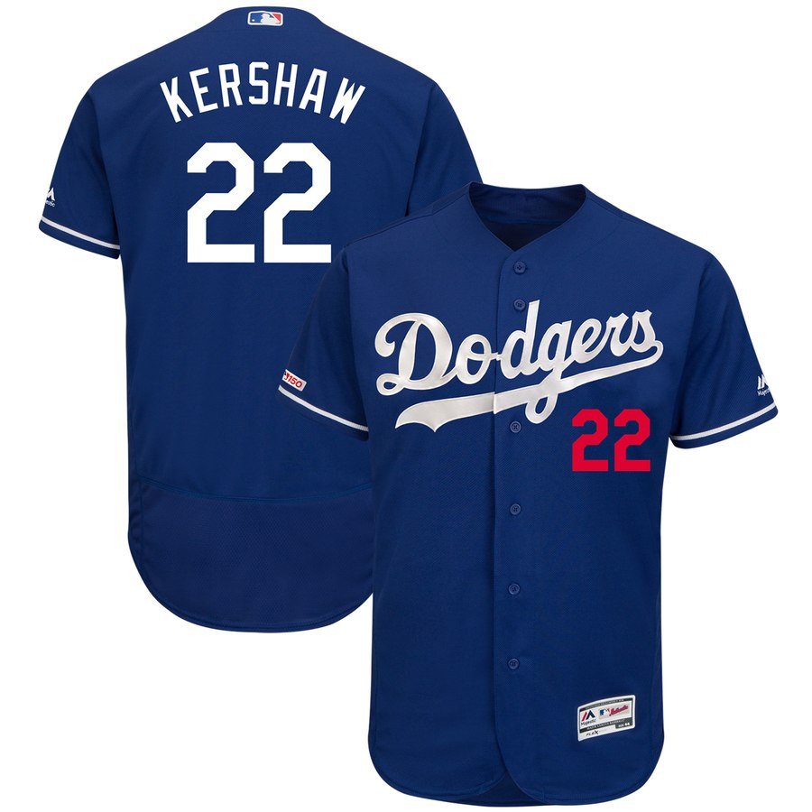 Men's Los Angeles Dodgers 22 Clayton Kershaw Royal 150th Patch Flexbase
