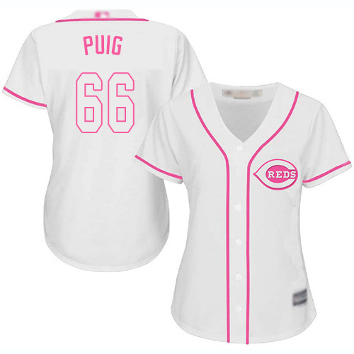 Reds #66 Yasiel Puig White Pink Fashion Women's Stitched Baseball Jersey