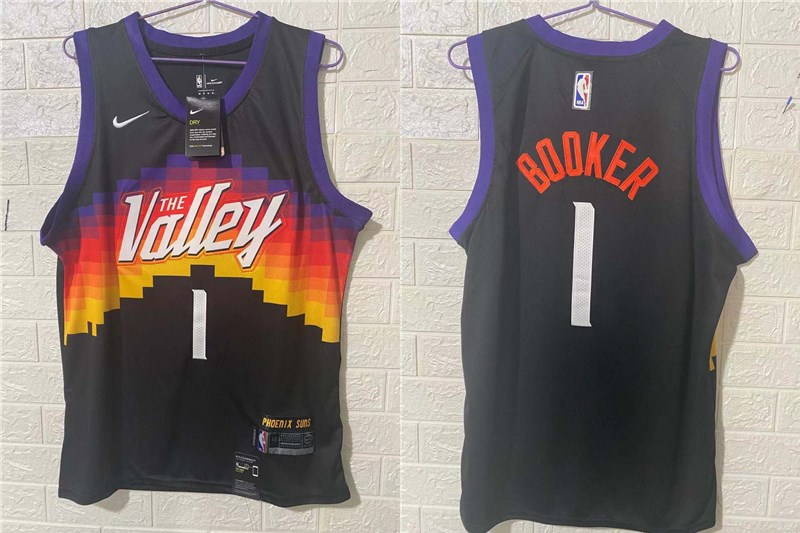 Men's Phoenix Suns #1 Devin Booker Black 2021 City Edition NBA Swingman Jersey With The Sponsor ...