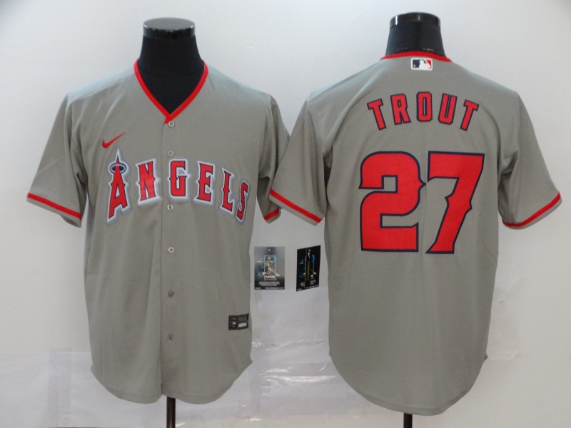Men's Los Angeles Angels 27 Mike Trout Gray Stitched MLB Cool Base