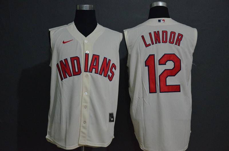 Men's Majestic Cleveland Indians #12 Francisco Lindor Cream