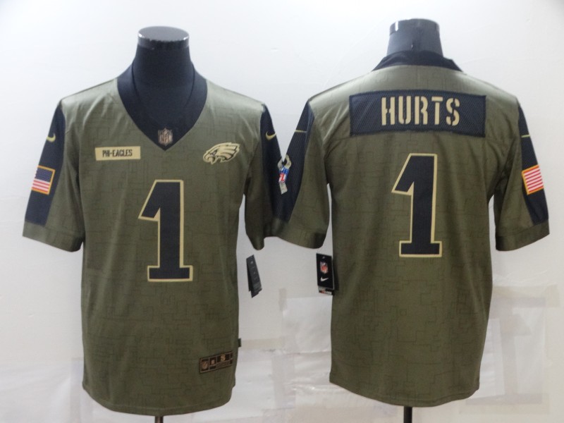 Men's Philadelphia Eagles #1 Jalen Hurts 2021 Olive Salute To Service