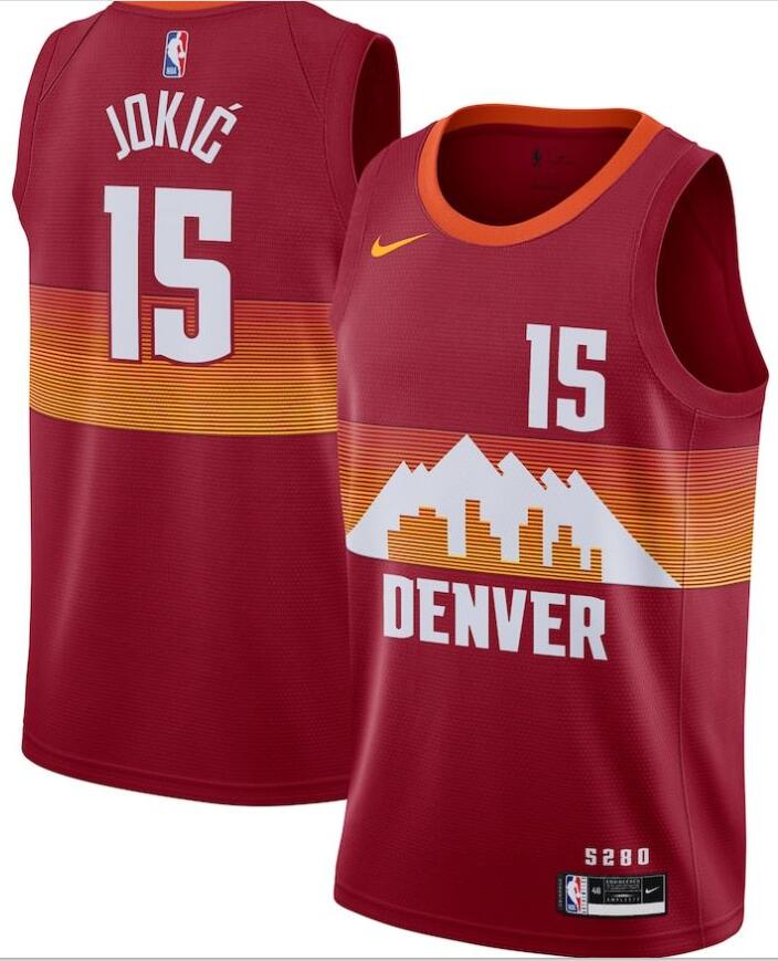 Men's Denver Nuggets #15 Nikola Jokic Red 2021 City Edition NBA Swingman Jersey With The Sponsor ...