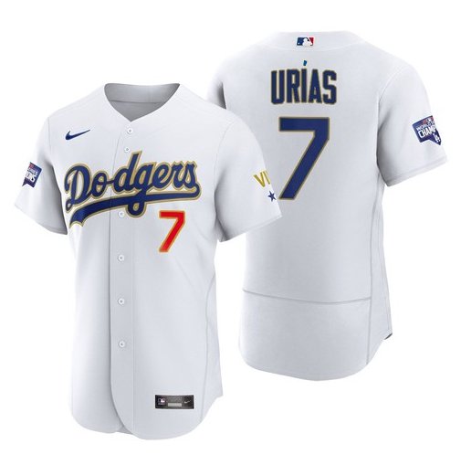 MLB Dodgers 7 Julio Urias Blue Gold Champion Nike Cool Base Men Jersey