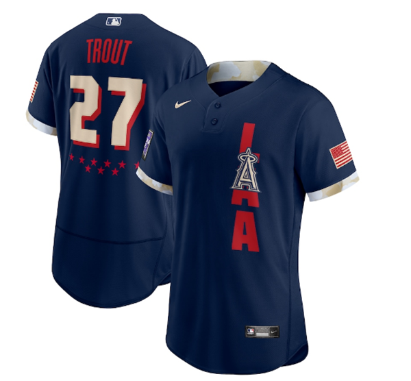 Men's Los Angeles Angels 27 Mike Trout 2021 Navy AllStar Flex Base