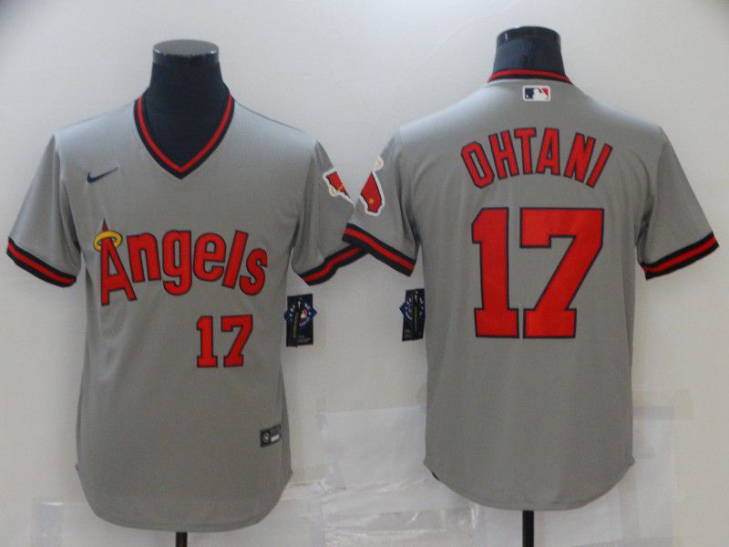 Men Los Angeles Angels 17 Ohtani Grey Game Throwback 2021 Nike MLB