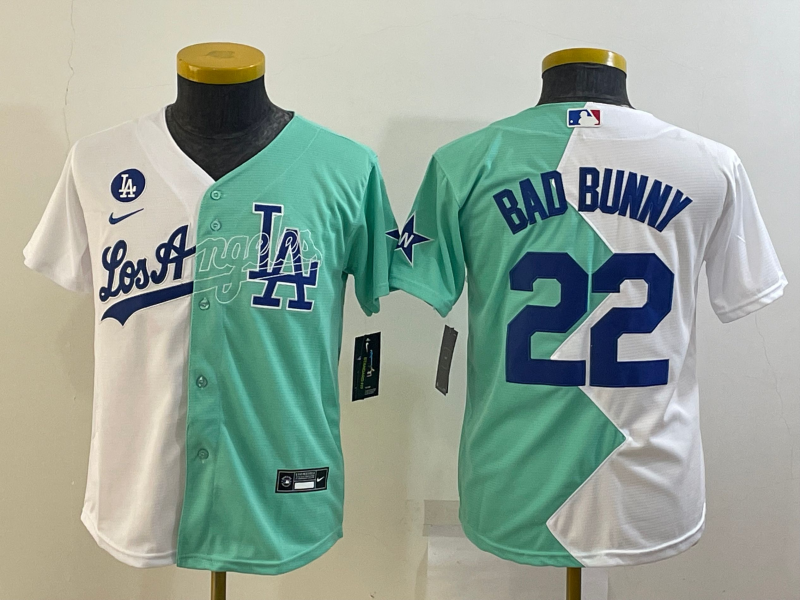 Youth Los Angeles Dodgers #22 Bad Bunny White Green Two Tone 2022 Celebrity  Softball Game Cool Base Jersey on sale,for Cheap,wholesale from China