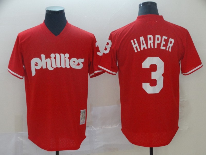 Men's Philadelphia Phillies 3 Bryce Harper Red Throwback Mesh Batting