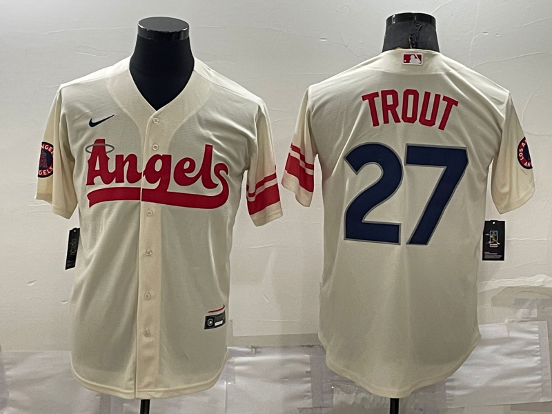 Men's Los Angeles Angels 27 Mike Trout Cream 2022 City Connect Cool