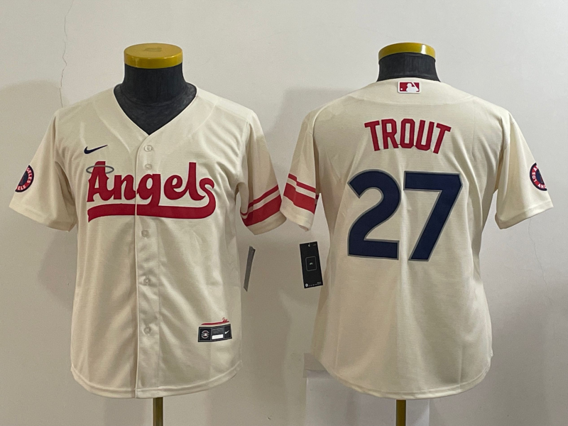 Youth Los Angeles Angels 27 Mike Trout Number Cream 2022 City Connect