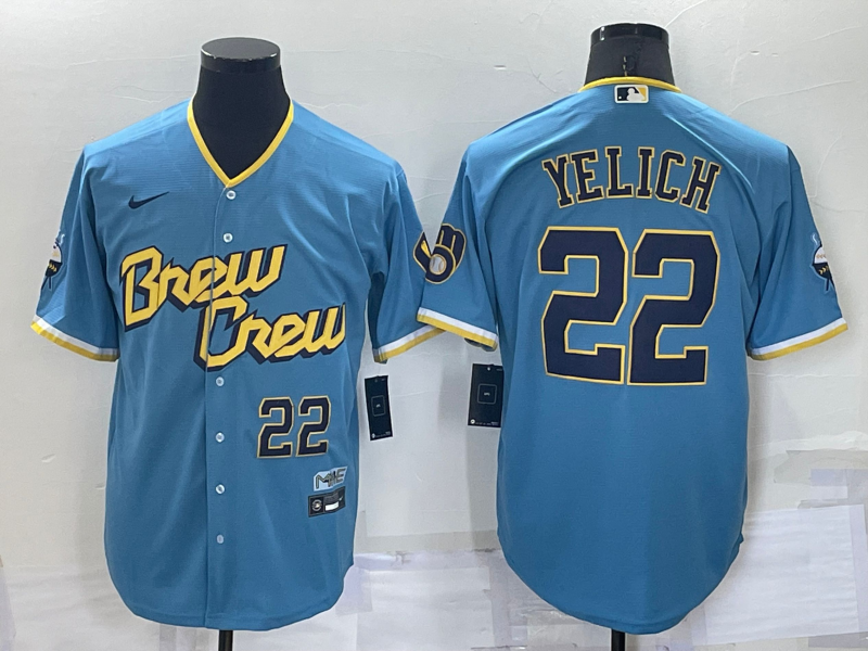 Men's Milwaukee Brewers #22 Christian Yelich Blue 2022 City Connect Cool  Base Stitched Jersey on sale,for Cheap,wholesale from China