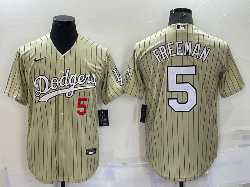 Men's Los Angeles Dodgers 5 Freddie Freeman Number Cream Pinstripe