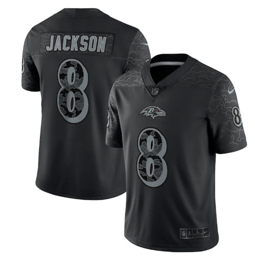 Men's Baltimore Ravens 8 Lamar Jackson Black Reflective Limited Stitched Football Jersey on