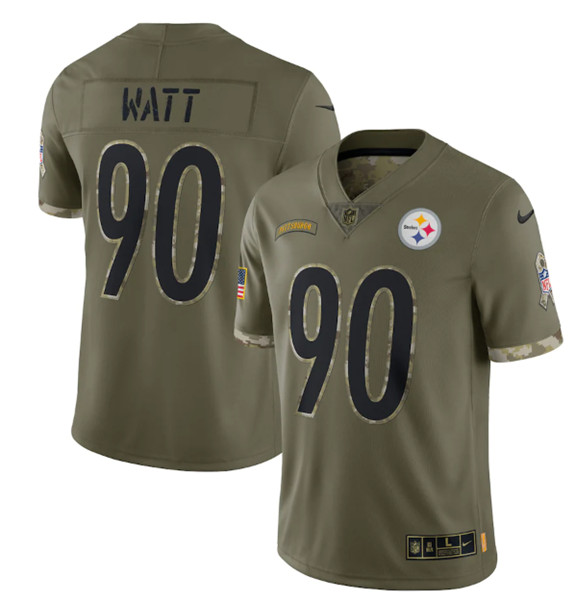 Men's Pittsburgh Steelers 90 T. J. Watt 2022 Olive Salute To Service Limited Stitched Jersey on