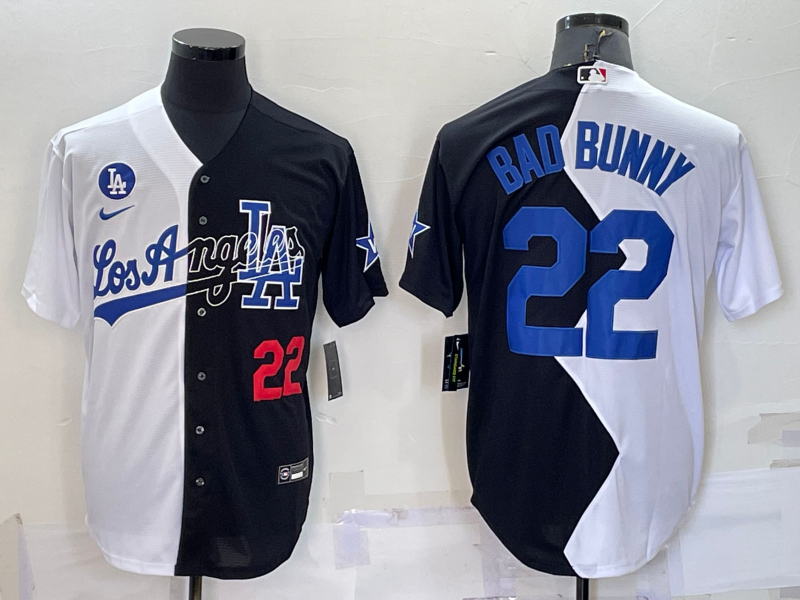 Mens Los Angeles Dodgers #22 Bad Bunny White Black Number 2022 Celebrity Softball Game Cool Base 