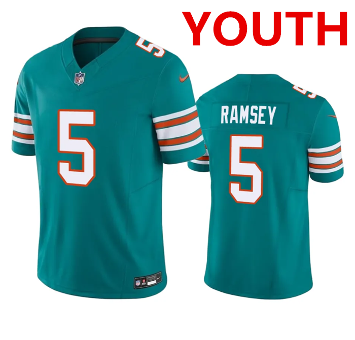 Youth Miami Dolphins 5 Jalen Ramsey Aqua 2023 F.U.S.E Vapor Limited