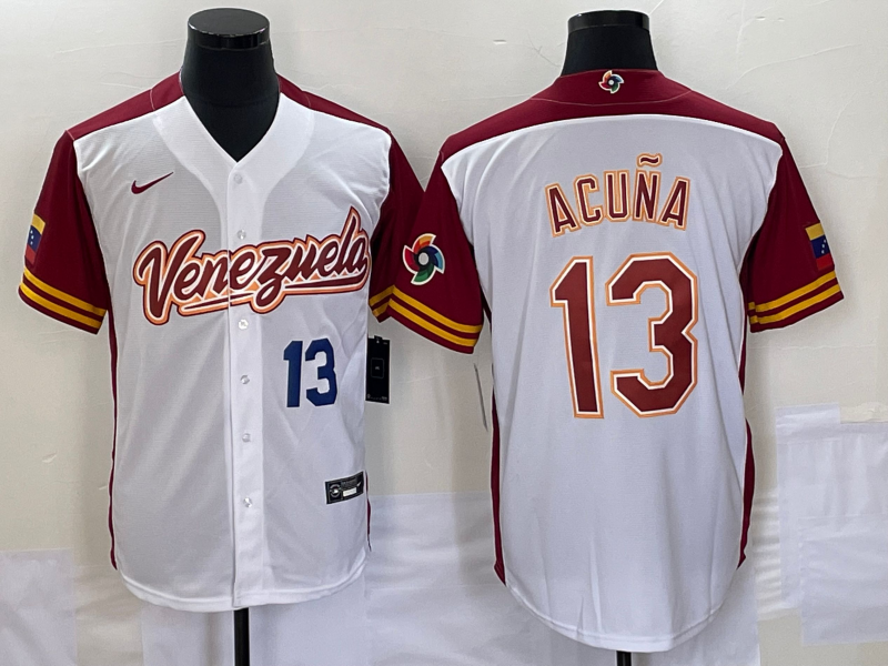 Men's Venezuela Baseball 13 Ronald Acuna Jr Number 2023 White Red