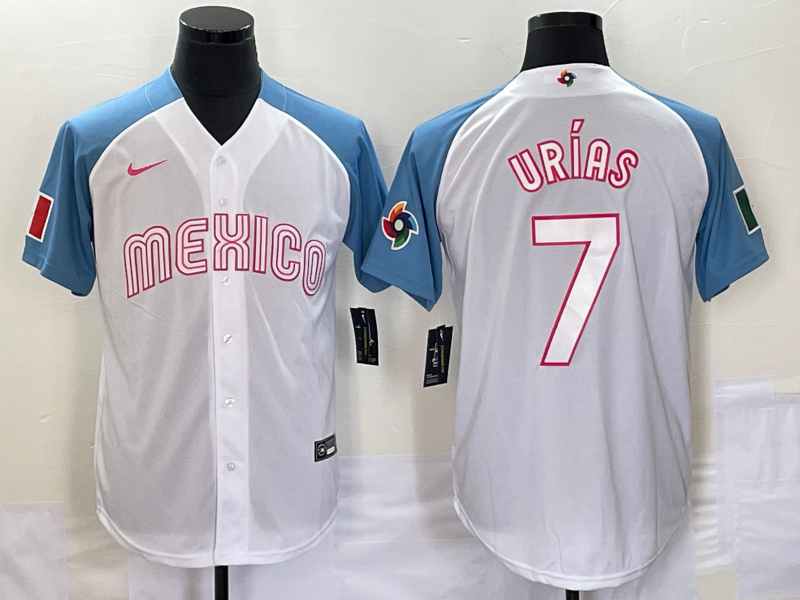 Men's Mexico Baseball 7 Julio Urias Number 2023 White Blue World