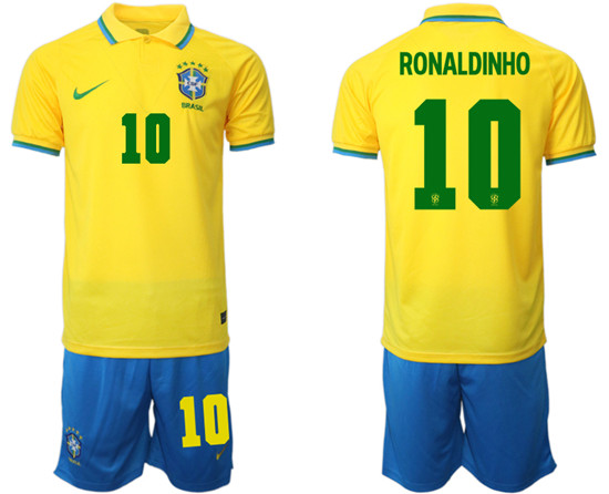 Men's Brazil #10 Ronaldinho Yellow Home Soccer Jersey Suit on sale,for