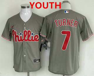 Youth Philadelphia Phillies #7 Trea Turner Grey Cool Base Stitched Baseball Jersey