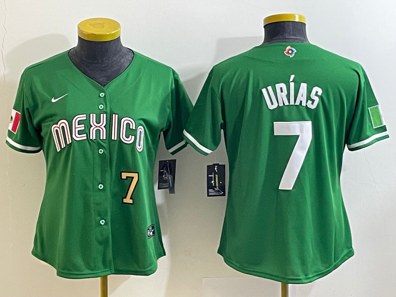 Women's Mexico Baseball 7 Julio Urias Number 2023 Green World Classic