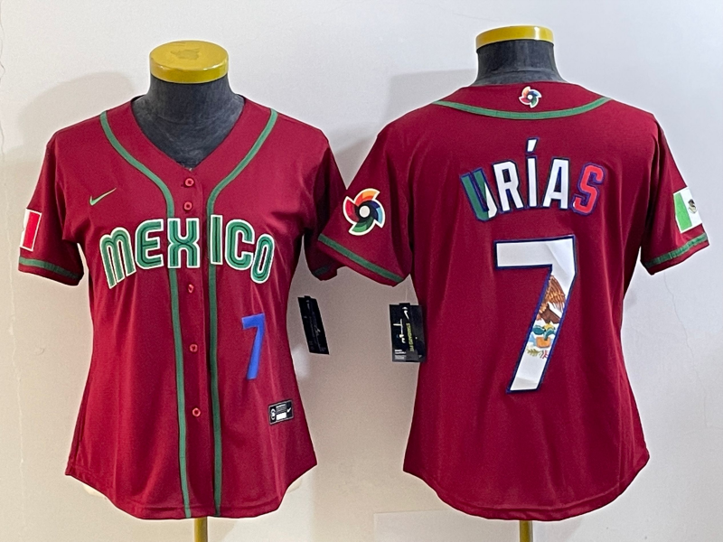 Women's Mexico Baseball 7 Julio Urias Number 2023 Red World Baseball