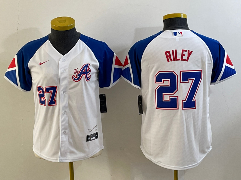 Youth Atlanta Braves 27 Austin Riley Number White 2023 City Connect Cool Base Stitched Jersey