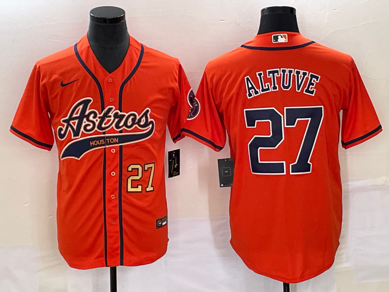 Men's Houston Astros 27 Jose Altuve Number Orange With Patch Cool Base