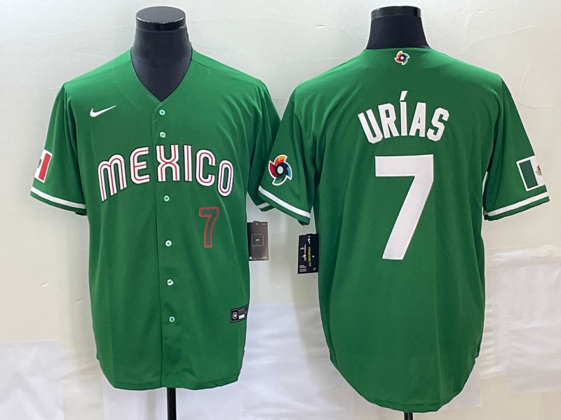 Men's Mexico Baseball 7 Julio Urias Number Green 2023 World Baseball