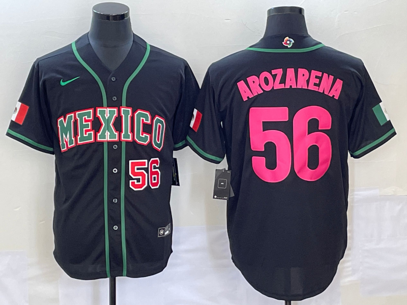 Men's Mexico Baseball 56 Randy Arozarena Number 2023 Black Pink World