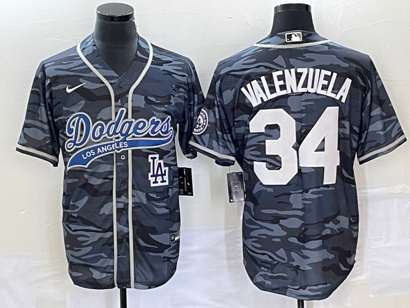 Men's Los Angeles Dodgers 34 Toro Valenzuela Gray Camo Cool Base With