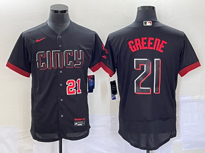 Men's Cincinnati Reds 21 Hunter Greene Number Black 2023 City Connect Flex Base Stitched Jersey