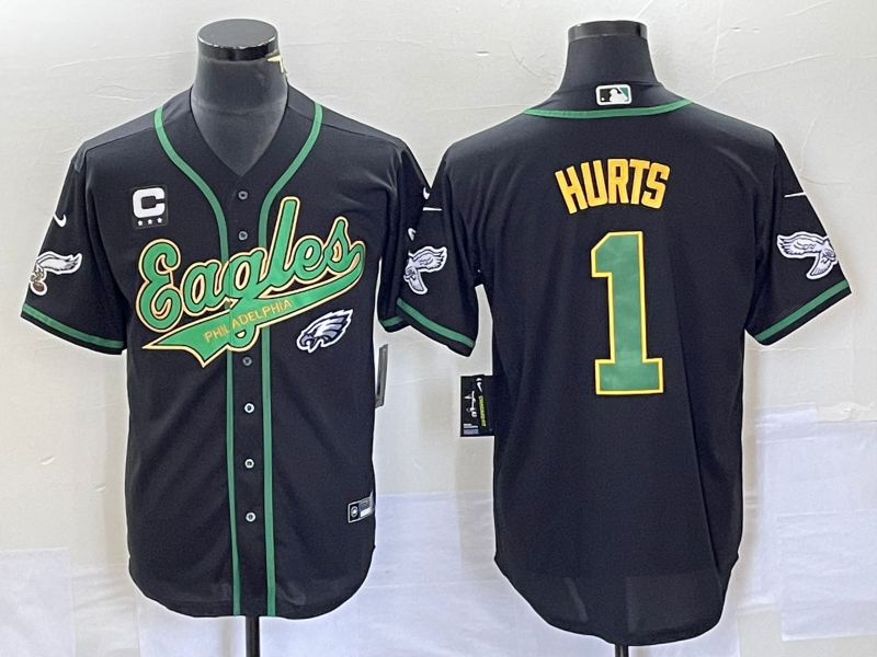 Men's Philadelphia Eagles 1 Jalen Hurts Black With C Patch Cool Base Stitched Baseball Jersey
