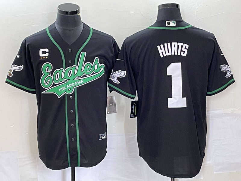 Men's Philadelphia Eagles 1 Jalen Hurts Black With C Patch Cool Base Stitched Baseball Jersey