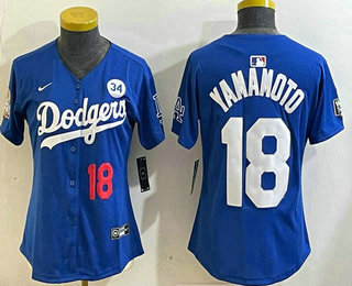 Women's Los Angeles Dodgers #18 Yoshinobu Yamamoto Number Blue 2024 World Series With Fernando 34 Fashion Limited Stitched Jerseys