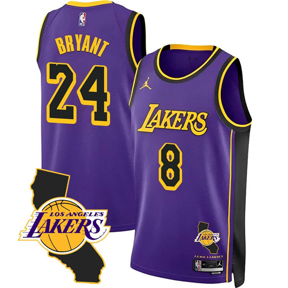 Men's Los Angeles Lakers Front #8 Back #24 Kobe Bryant Purple 2025 California Patch Stitched Basketball Jersey