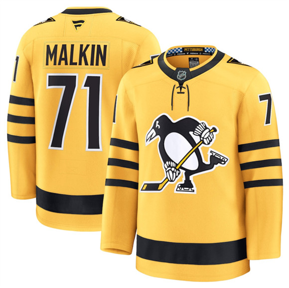 Men's Pittsburgh Penguins #71 Evgeni Malkin Gold 2025 Alternate Stitched Hockey Jersey