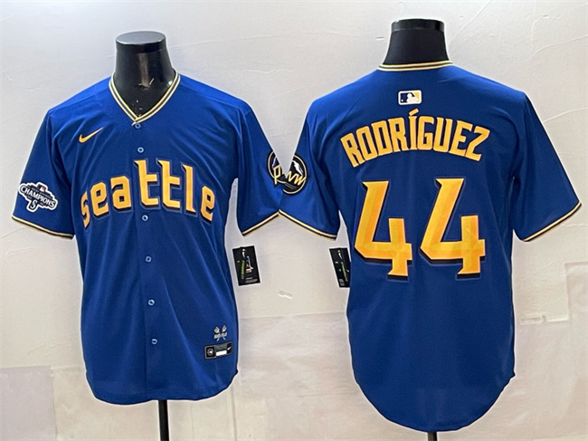 Men's Seattle Mariners #44 Julio Rodríguez Royal With 2025 AL West Division Champions Patch City Connect Limited Stitched Baseball Jersey