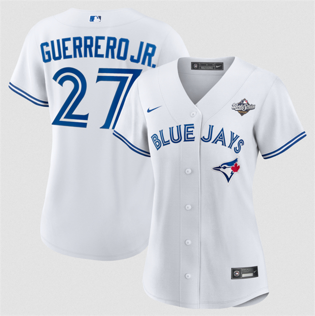 Women's Toronto Blue Jays #27 Vladimir Guerrero Jr. White 2025 World Series Home Cool Base Stitched Baseball Jersey(Run Small)