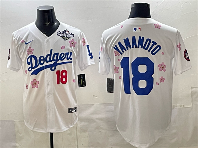 Men's Los Angeles Dodgers #18 Yoshinobu Yamamoto White 2025 World Series Patch Tokyo Series Limited Stitched Baseball Jersey