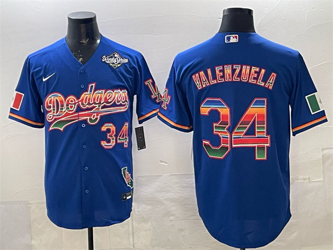 Men's Los Angeles Dodgers #34 Fernando Valenzuela Royal Mexico California Patch 2025 World Series Patch Stitched Baseball Jersey
