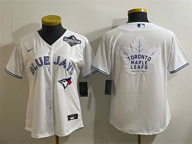 Women's Toronto Blue Jays & Leafs White 2025 World Series With White Leafs Logo Cool Base Stitched Baseball Jersey(Run Small)