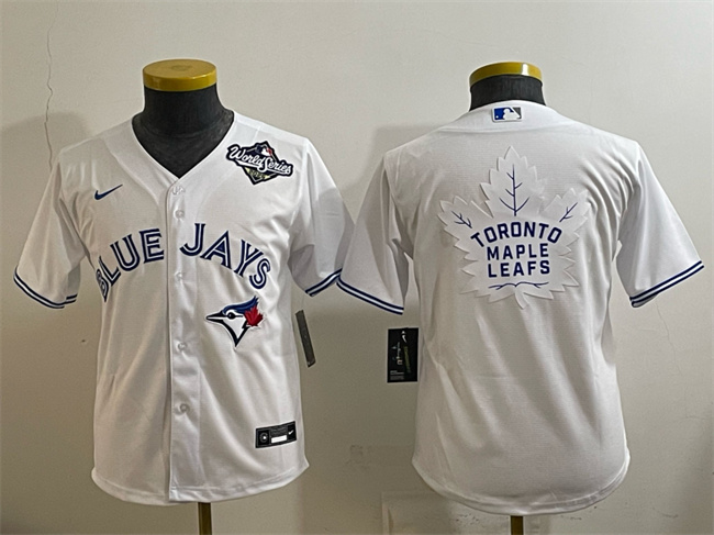 Youth Toronto Blue Jays & Leafs White 2025 World Series With White Leafs Logo Cool Base Stitched Baseball Jersey