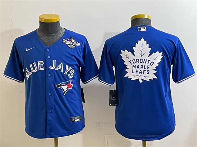 Youth Toronto Blue Jays & Leafs Royal 2025 World Series With White Leafs Logo Cool Base Stitched Baseball Jersey