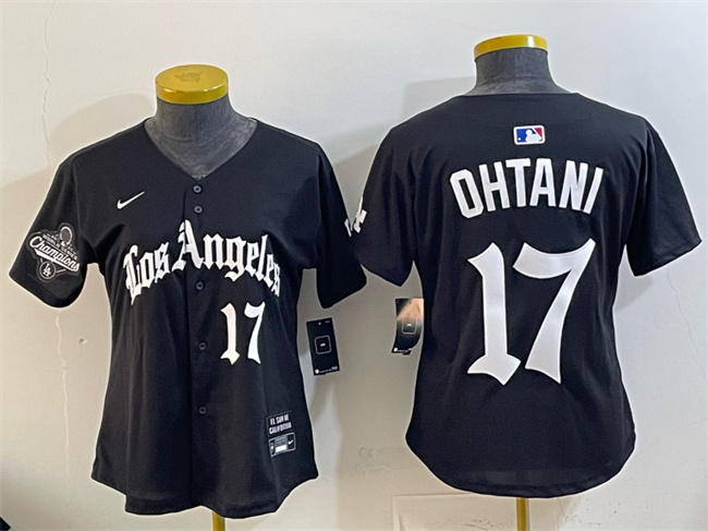 Women's Los Angeles Dodgers #17 Shohei Ohtani Black 2025 World Series Champions LA Gothic Edition Limited Stitched Baseball Jersey(Run Small)