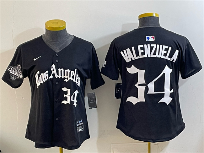 Women's Los Angeles Dodgers #34 Fernando Valenzuela Black 2025 World Series Champions LA Gothic Edition Limited Stitched Baseball Jersey(Run Small)
