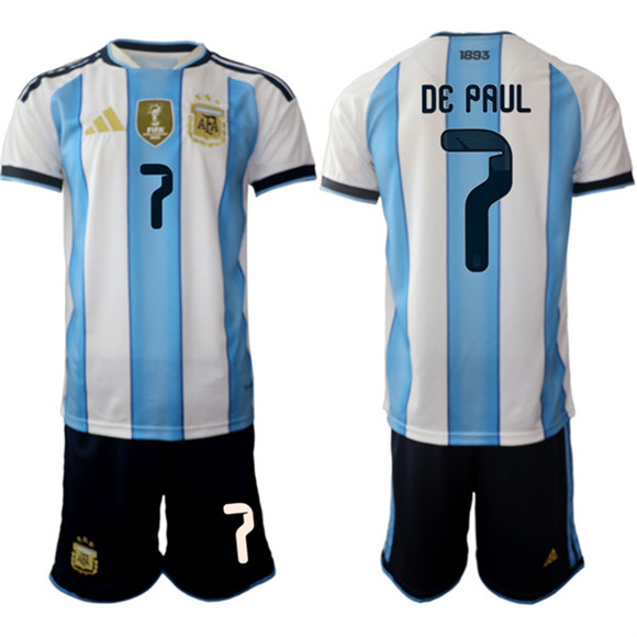 Men's Argentina #7 Rodrigo Javier De Paul White Blue 2025-26 Home Soccer Jersey Suit